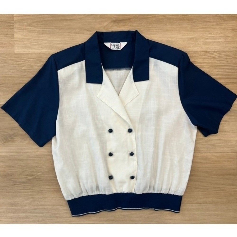 Navy & White Collared Blouse Banded Hem Nautical Hamptons Yacht Preppy Secretary